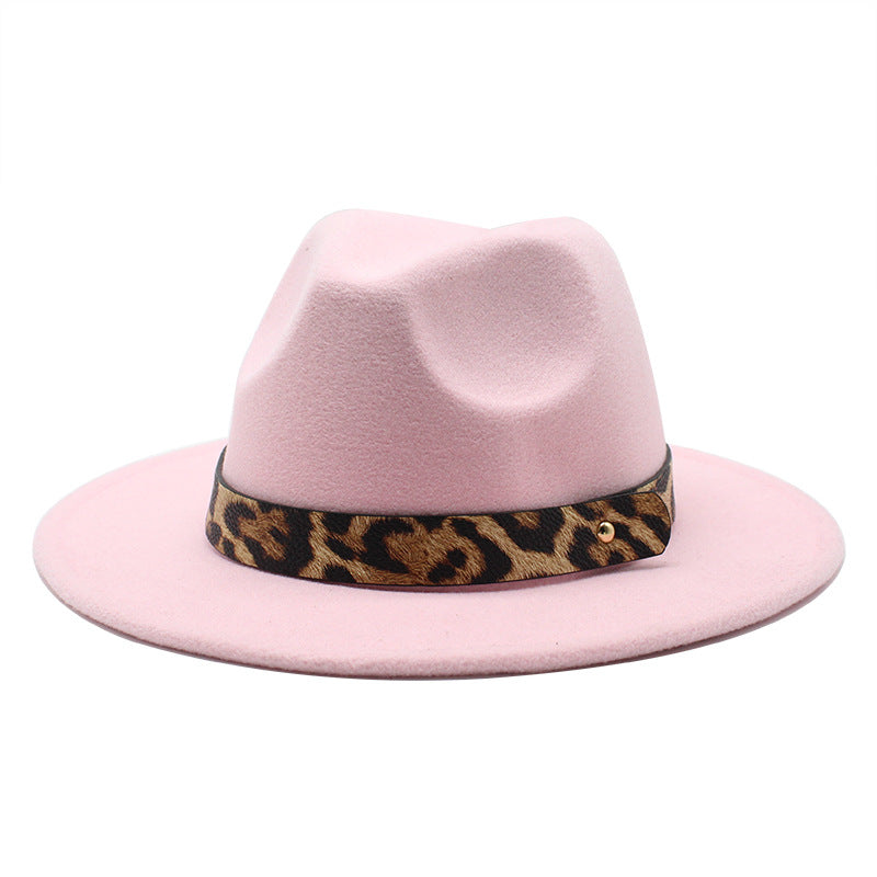 Leopard Print Detail Woolen Flat Brim Fedora