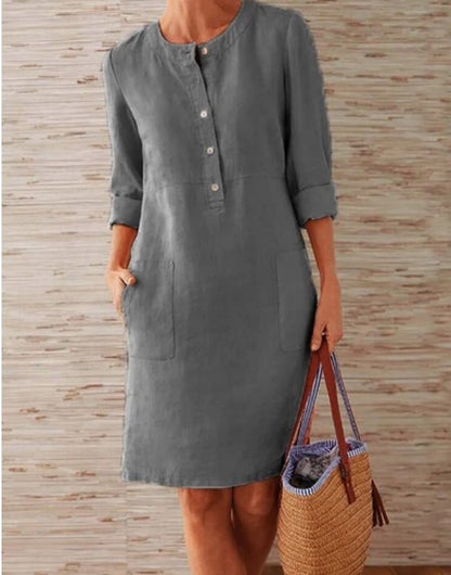 Casual Long Sleeve Half Button Loose Casual Dress