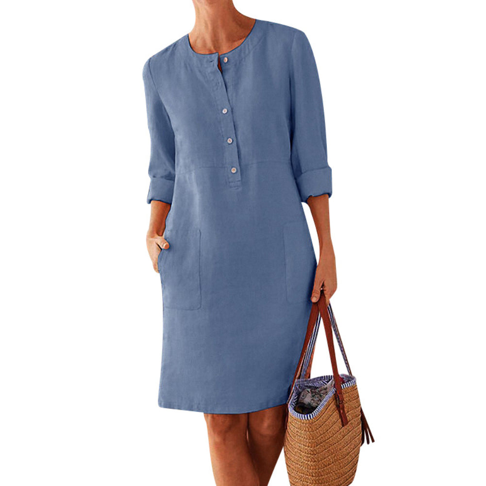 Casual Long Sleeve Half Button Loose Casual Dress