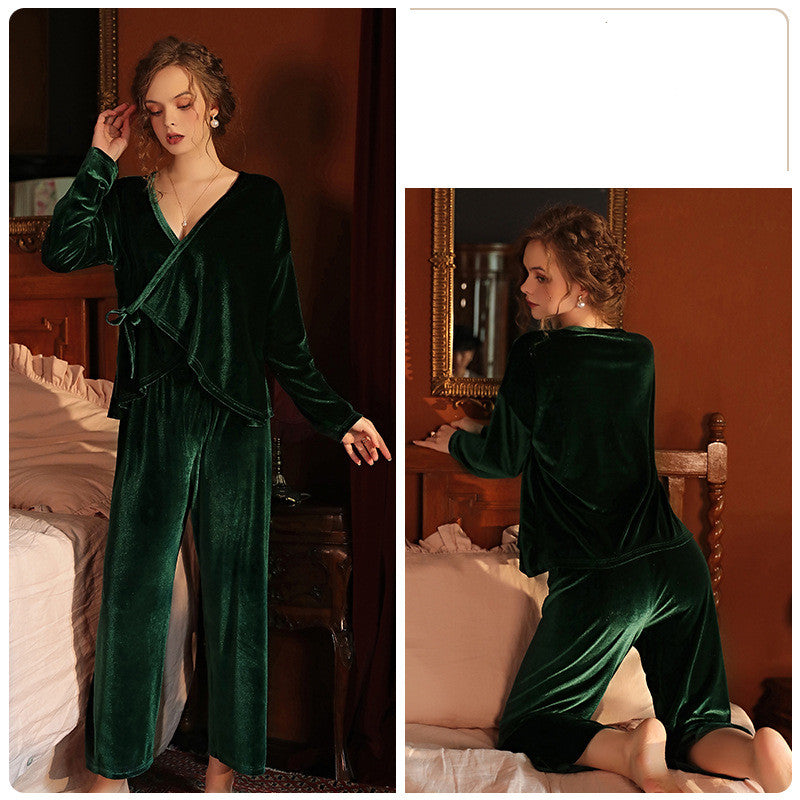 Velvet Pajama Deep V Tie Long Sleeve Pants Set