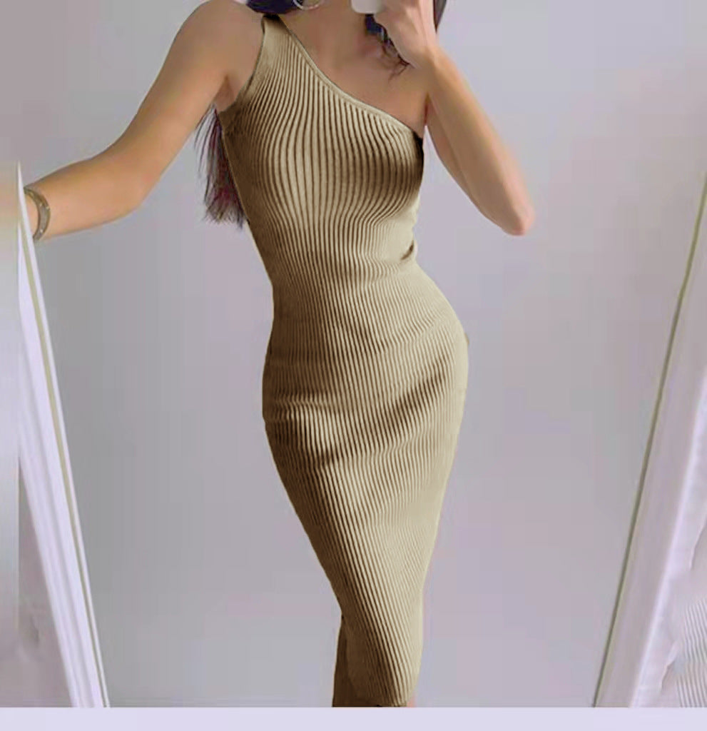 One Shoulder Sleeveless Knitted Bodycon