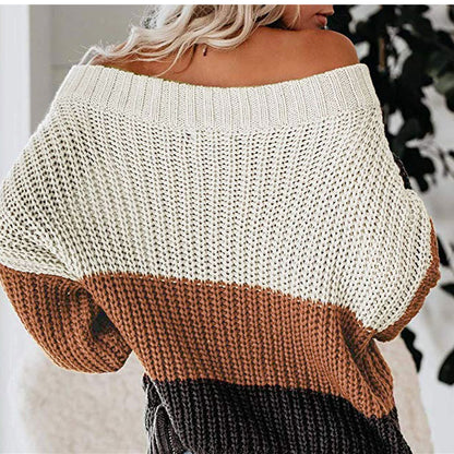 Off Shoulder Patchwork Stripes Knitwear Sweater