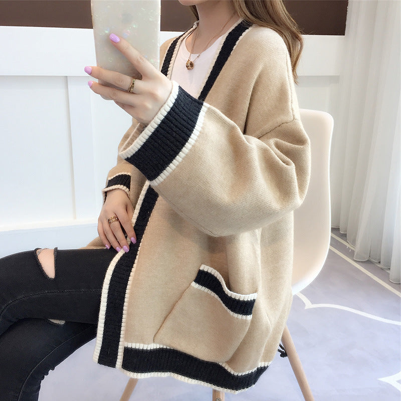 Loose Tri-Tone Knitted Oversize Cardigan