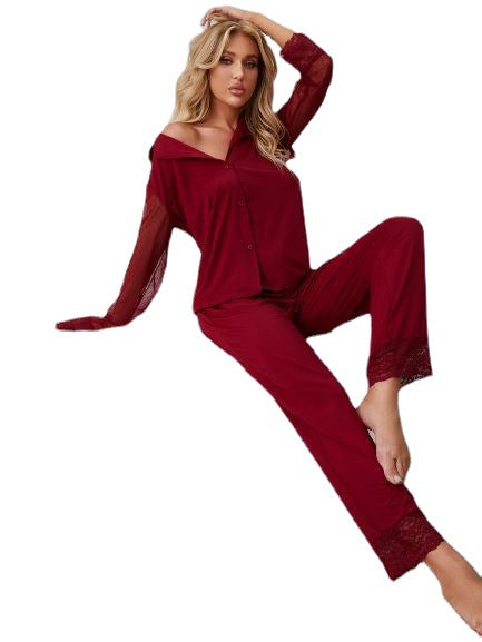 Red Net Gauze Long-sleeved Top And Trousers Pajama Set