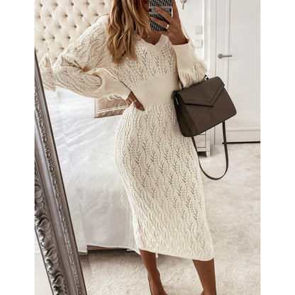 White Long Sleeve Knitwear Women's Sheath Dress