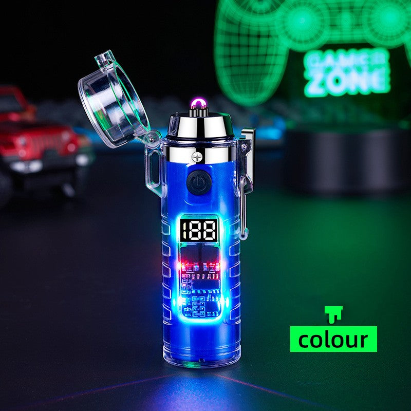 Transparent Shell Dual Arc USB Charging Lighter Outdoor Waterproof LED Colorful Light Power Display Illumination Light Gadgets