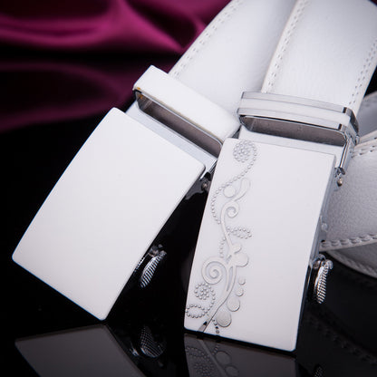 White Leather Alloy Automatic Buckle Belt