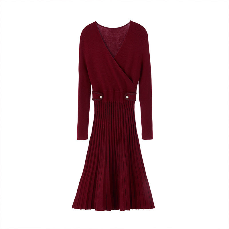 Pleated Knitted Slim-fit Long Sleeve Sweater Dress