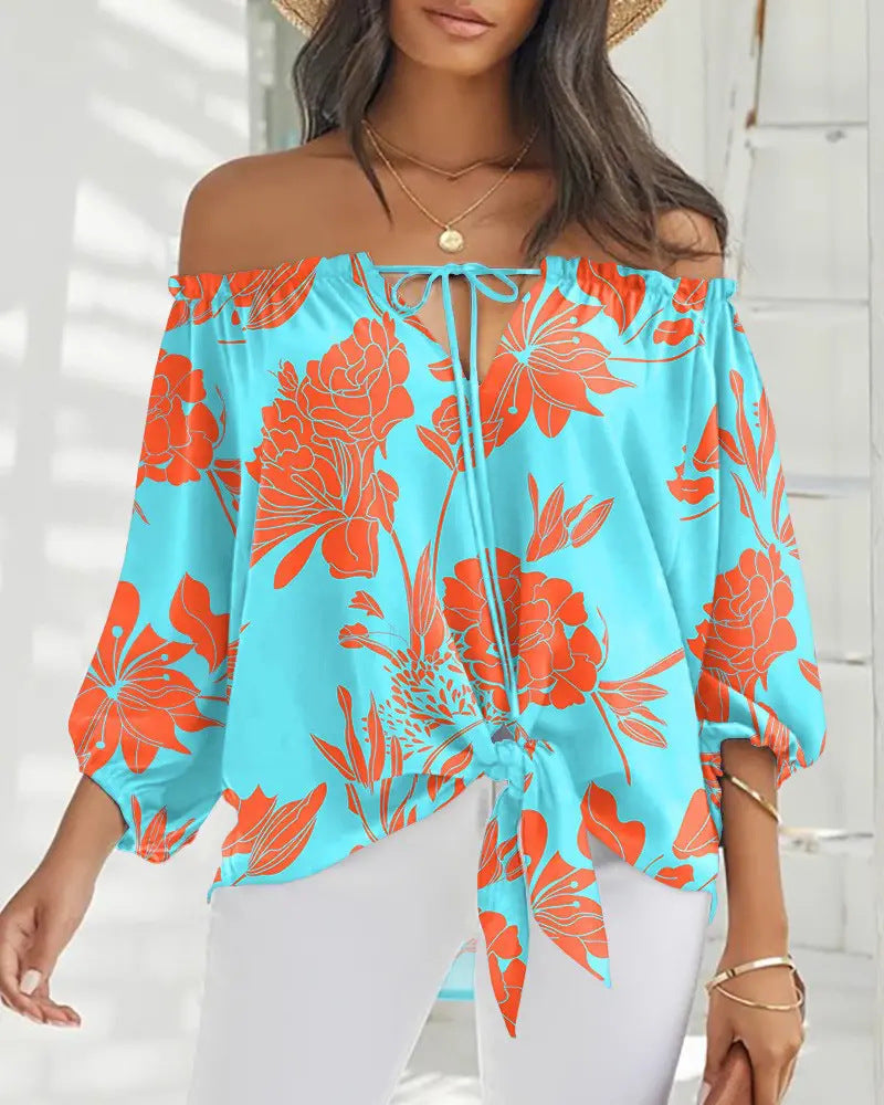 Sexy Off Shoulder Printed Chiffon Shirt Women Fashion Tied Detail Long Sleeve Pullover Tops Street Vintage Lady Blouse