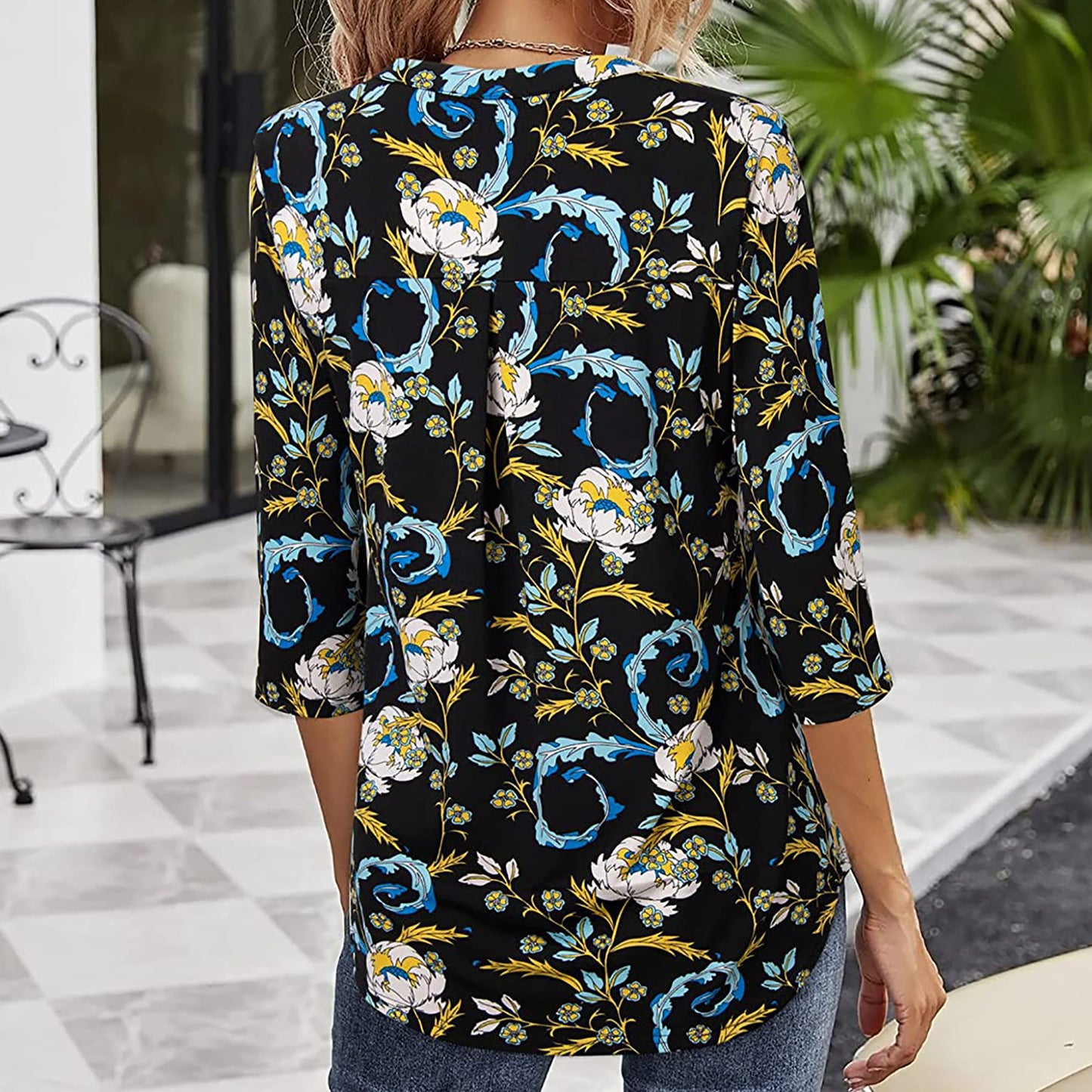 Flowers Print V Neck Long Sleeve Blouse