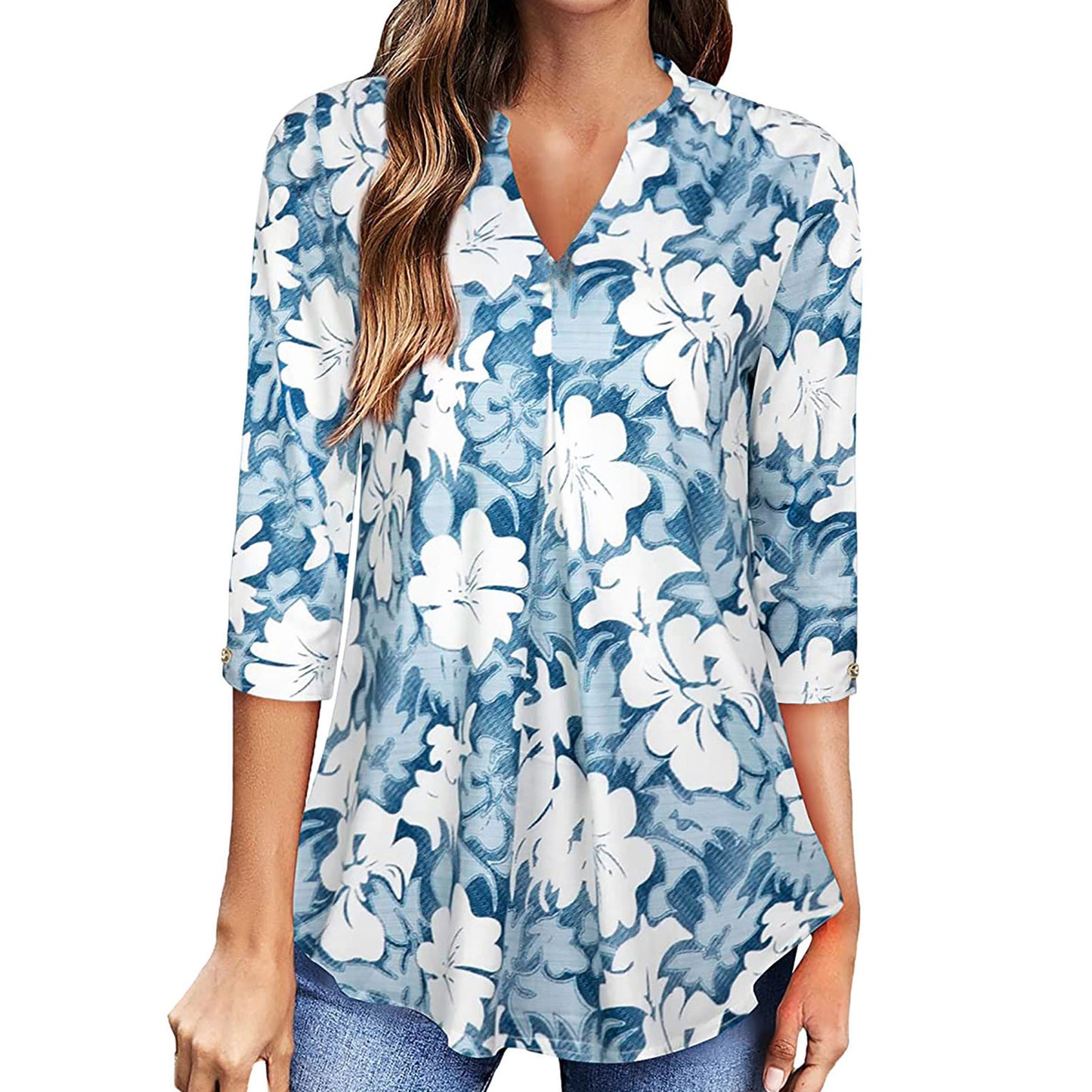 Flowers Print V Neck Long Sleeve Blouse