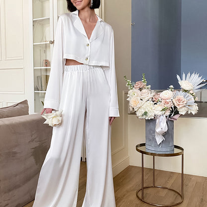 Ice Silk Pajama Suit White Casual Fashion