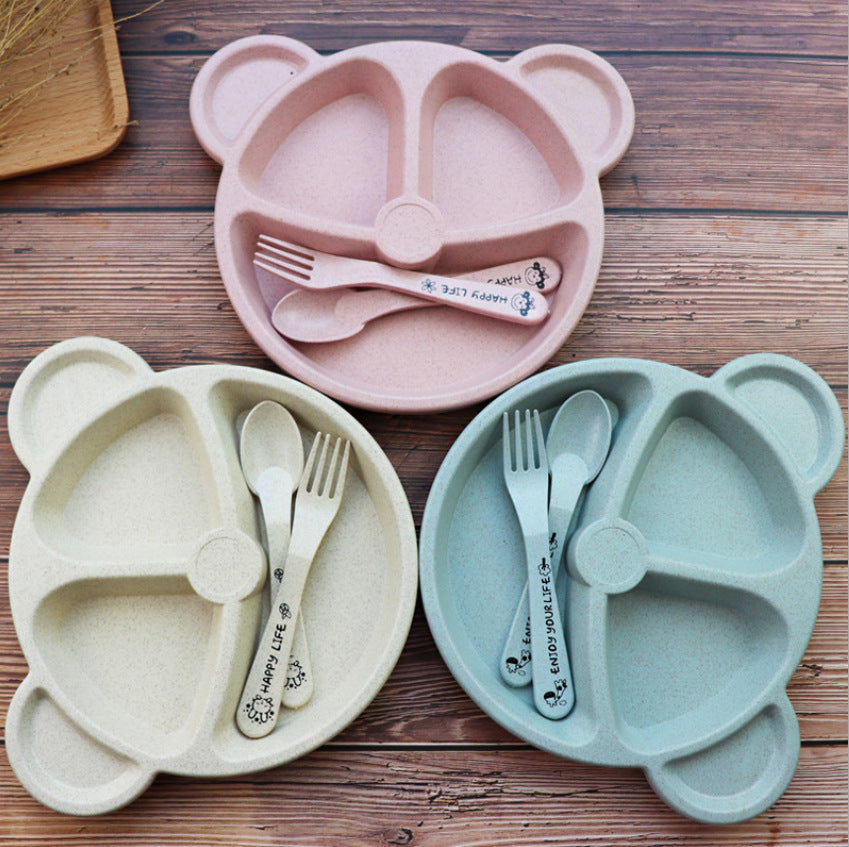 Wheat Split Bear Children's Dinner Plate Set Creative Household Tableware Baby Split Plate Breakfast Plate Free Fork Spoon