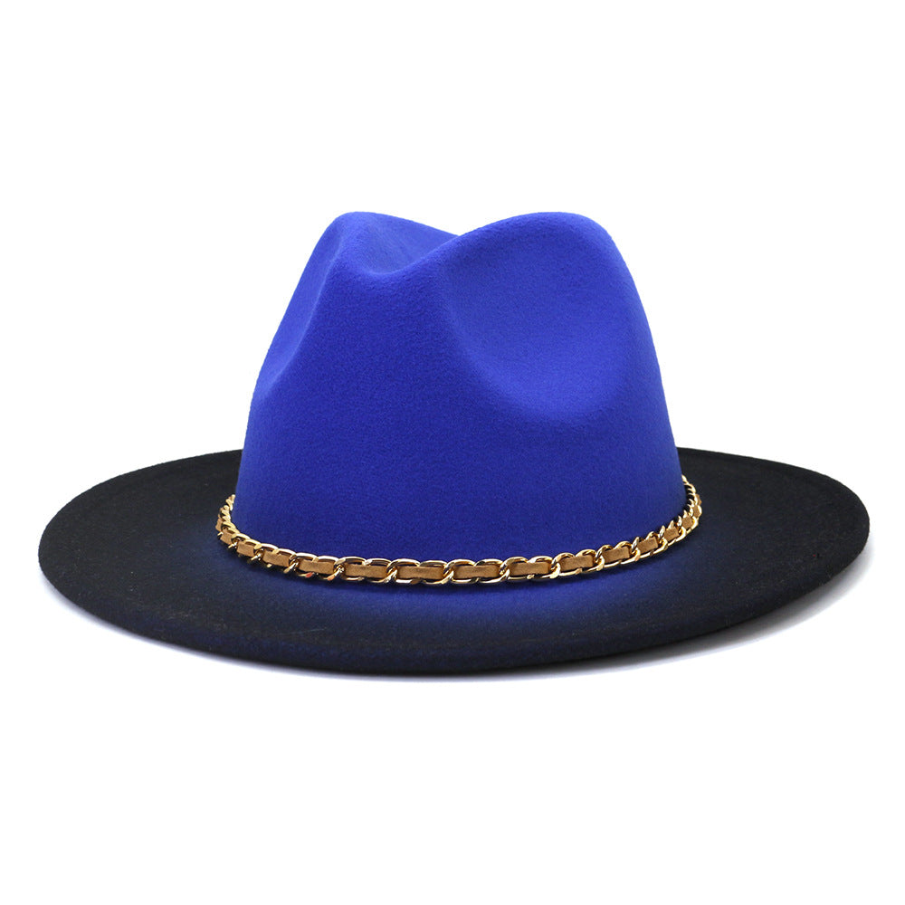 Gold Link Chain Detail Flat Brim Woolen Jazz Hat