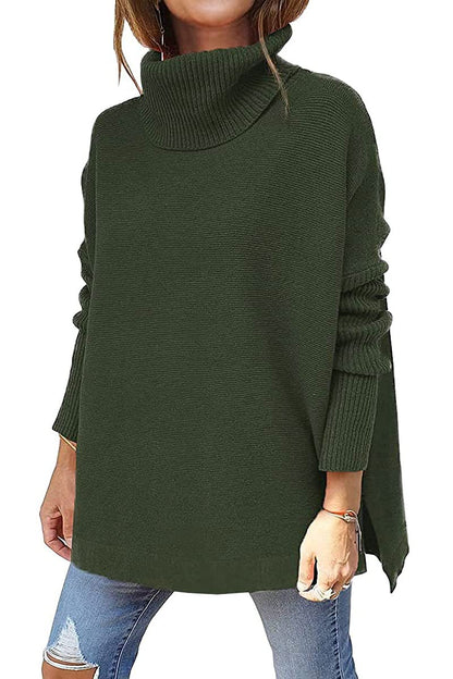 Turtleneck Sweater Mid Length Batwing Sleeve Slit Hem Tunic Pullover