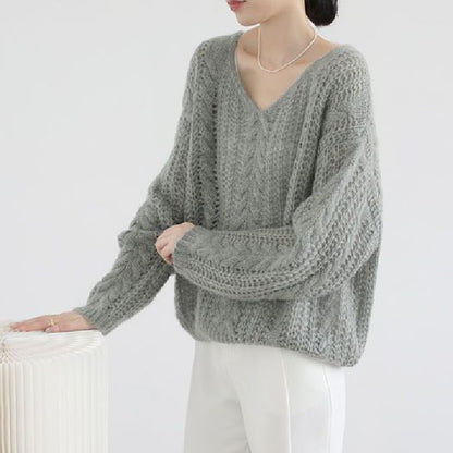 Mohair Cable Knit Long Sleeve V Neck Knitwear Sweater