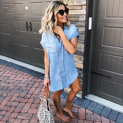 Button Up Short-sleeved Denim Shirt Dress