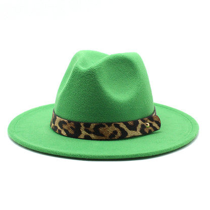 Leopard Print Detail Woolen Flat Brim Fedora