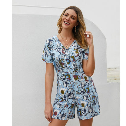 Light Blue Floral Print  One-Piece Summer High Waist Slim Jumpsuit