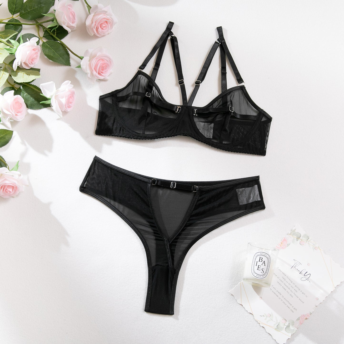 Sheer Mesh Strap Buckle Detail Lingerie Set