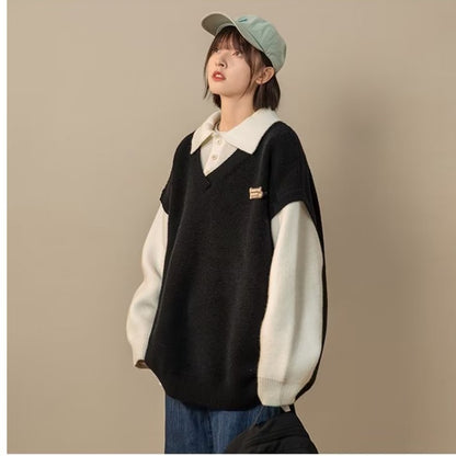 Popular Polo Collar Oversised Jumper College Style Knitwear Imitation Jumper