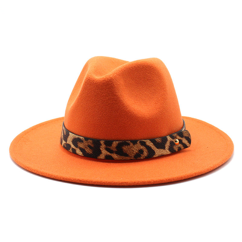 Leopard Print Detail Woolen Flat Brim Fedora