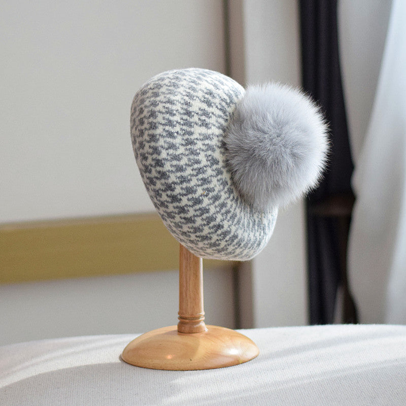 Women's Autumn And Winter Fox Fur Ball Knitted Octagonal beanie