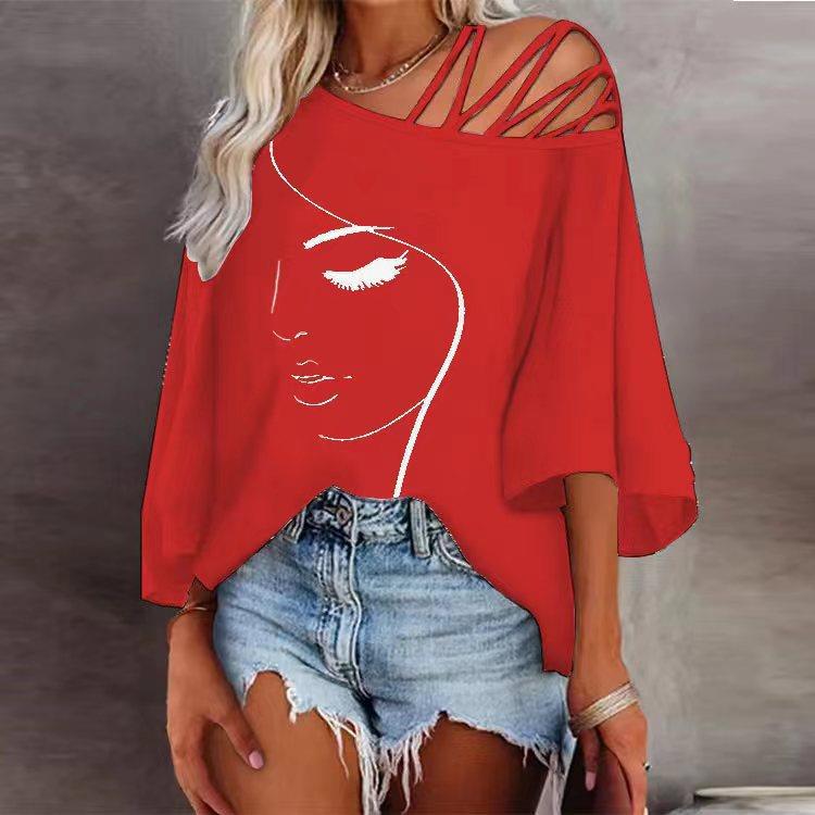 Off the Shoulder Fashion Stitching Loose Sleeve Casual Top