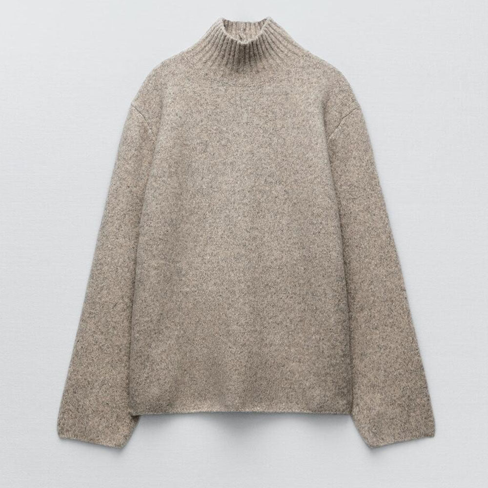 Puff Sleeve High Collar Sand Tone Knitwear Pullover and Mini Skirt