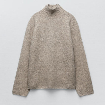 Puff Sleeve High Collar Sand Tone Knitwear Pullover and Mini Skirt