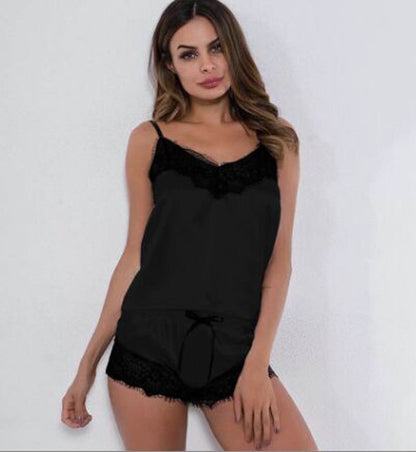 Satin Lace Hem Embroidery Detail Strappy Nightwear