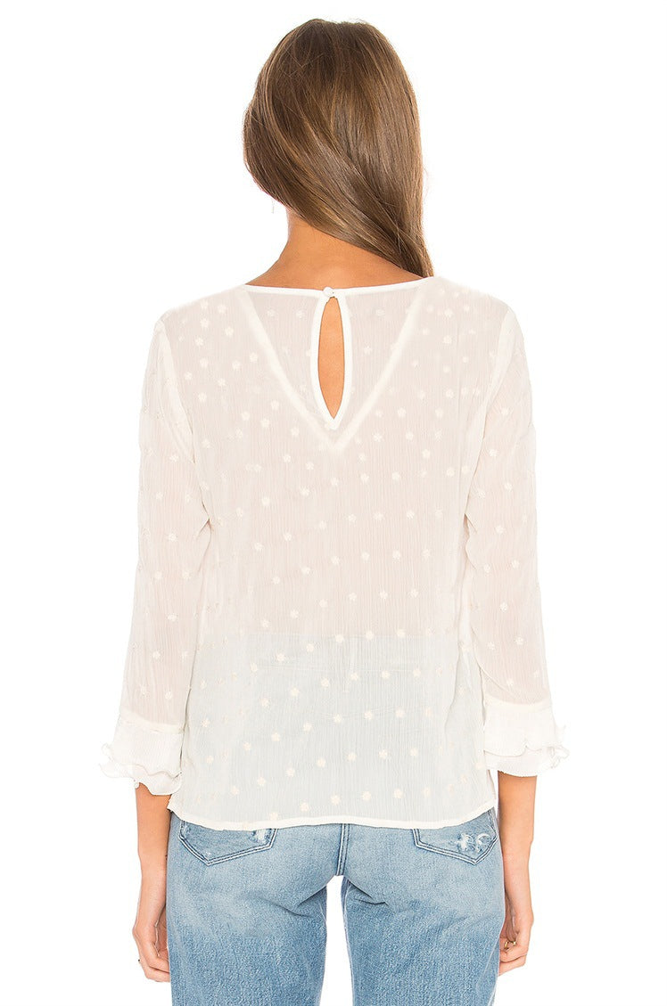 Ruffles Lace Polka Dot O Neck Long Sleeve Blouse