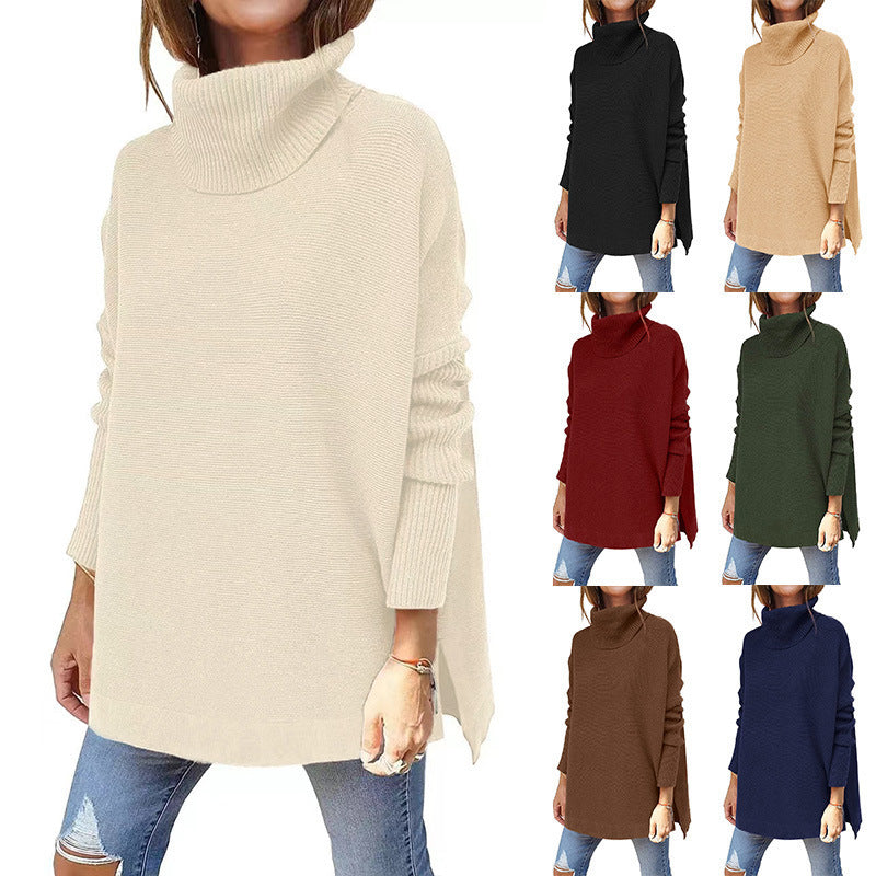 Turtleneck Sweater Mid Length Batwing Sleeve Slit Hem Tunic Pullover