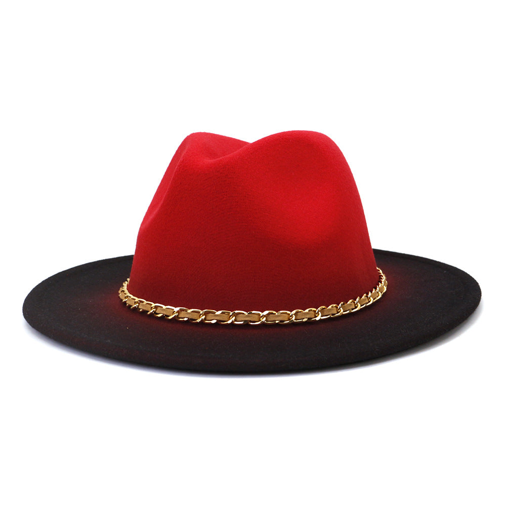 Gold Link Chain Detail Flat Brim Woolen Jazz Hat