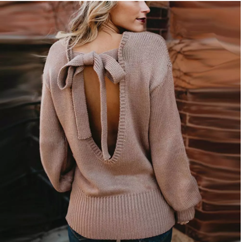 U Neck Long Sleeve Back Bow Tie Knitted Sweater Knitwear