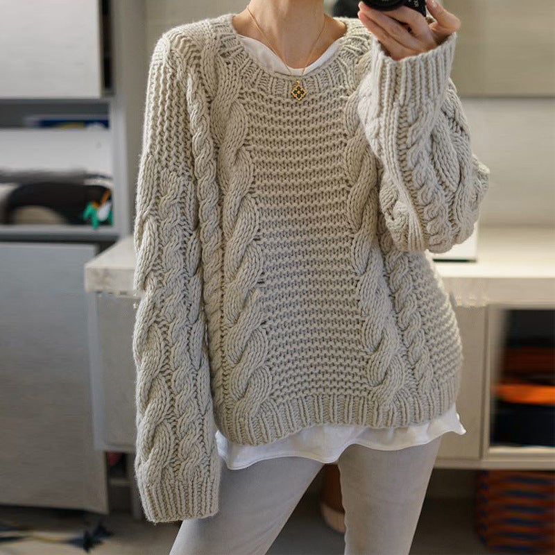 Thick Long Sleeve Cable Knit Knitwear Jumper