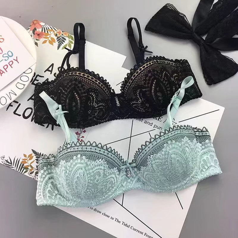 Green Black Bow Detail Lace Embroidery Wired Bra