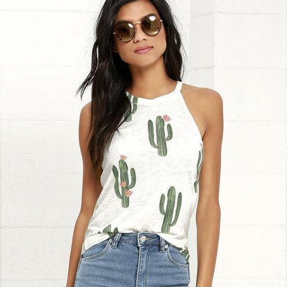 Cactus Print Casual Halter Harajuku Women Tops