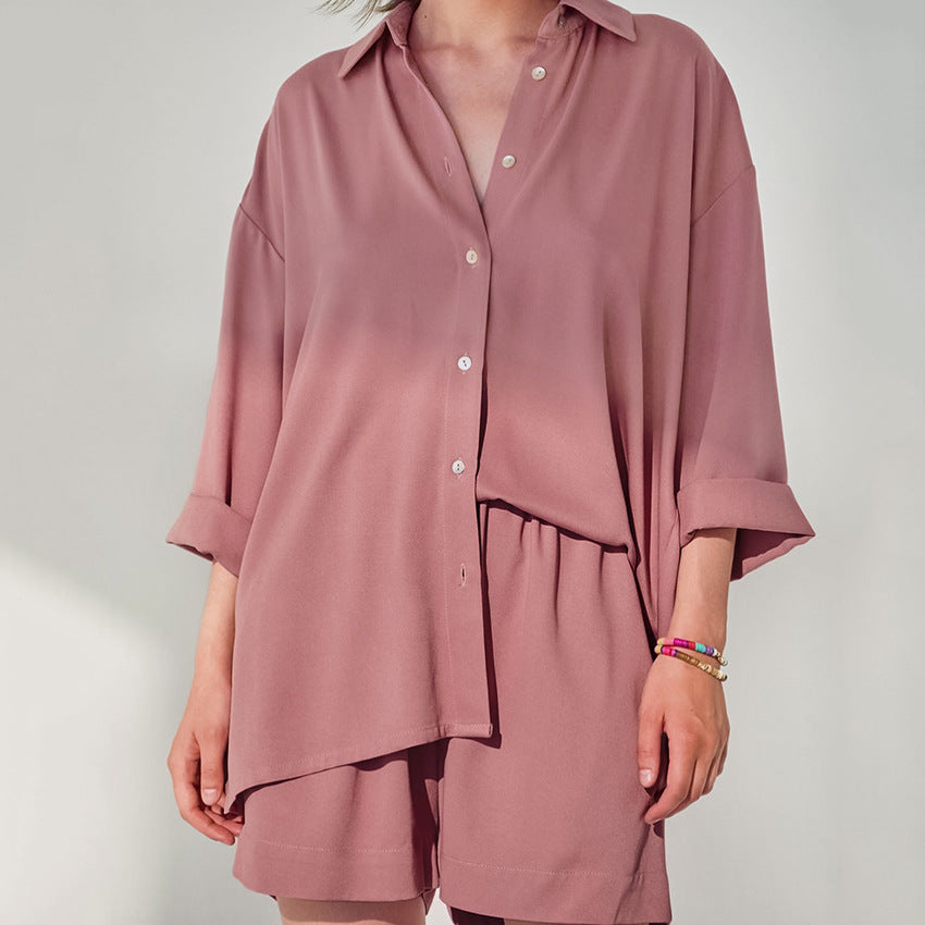 Button Up Loose Fashion High Elastic Silk Ninth Sleeve Pajama Set