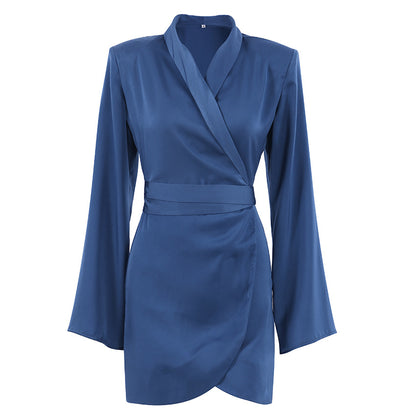 Satin Ice Silk Long Sleeve Blazer Dress Women