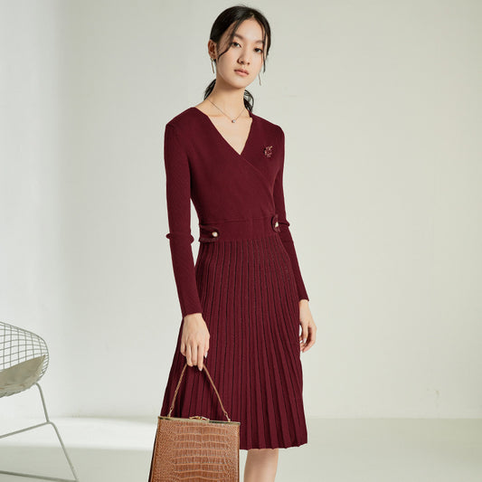 Pleated Knitted Slim-fit Long Sleeve Sweater Dress