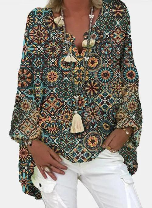 Paisley Indigenous Bohemian Print Open V Neck Shirt