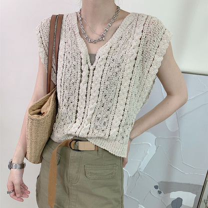 White Crocheted V-neck Vest Knitwear