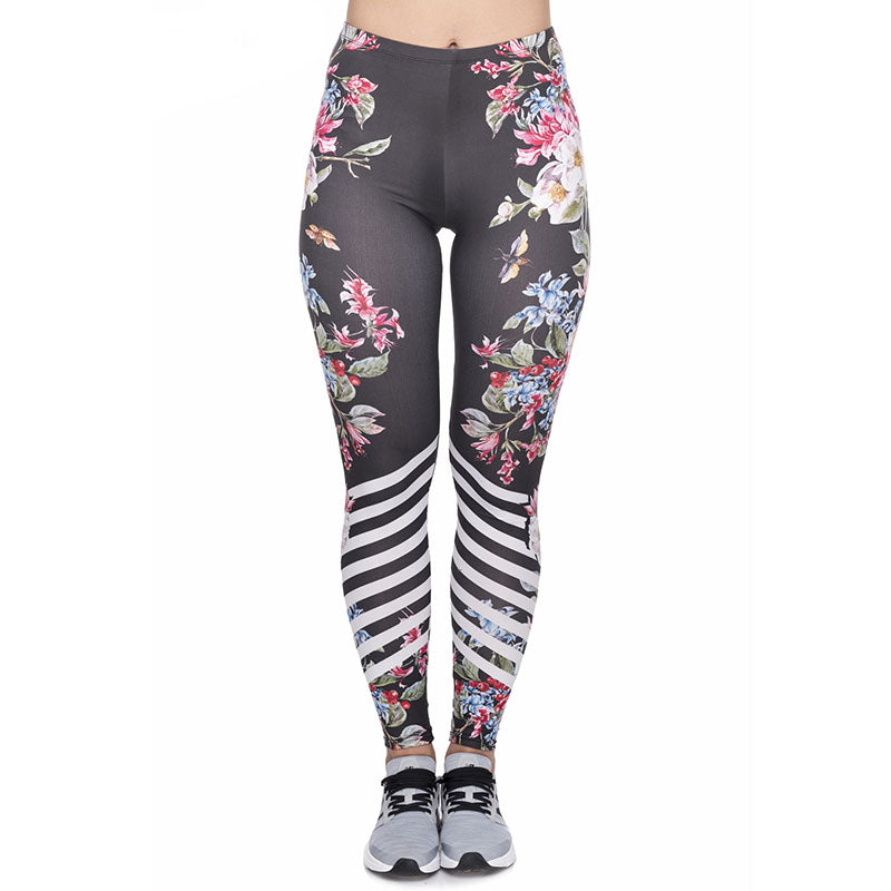 Floral Print Shin Stripe Detail Leggings