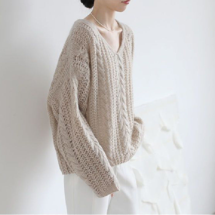 Mohair Cable Knit Long Sleeve V Neck Knitwear Sweater