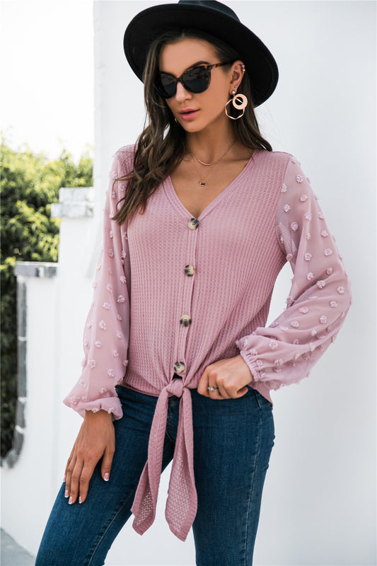 Button Up Rose Embroidery Detail Long Sheer Sleeve Top