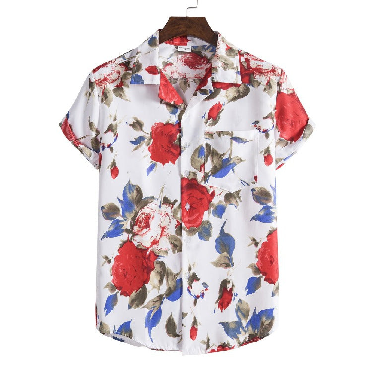 Resort Style High-quality Silk Cotton Short-sleeved Lapel Flower Shirt