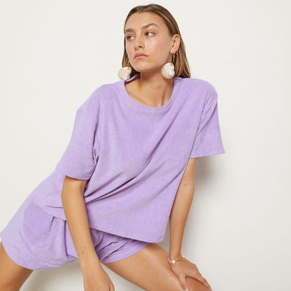 Simple Stylish Loose Purple  Short Sleeve Pajamas Two-piece Set For Women