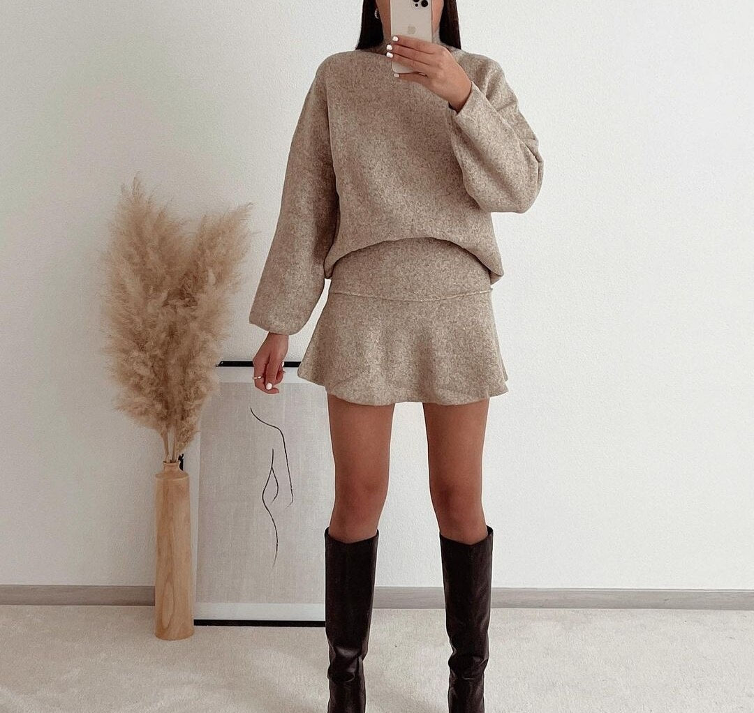 Puff Sleeve High Collar Sand Tone Knitwear Pullover and Mini Skirt