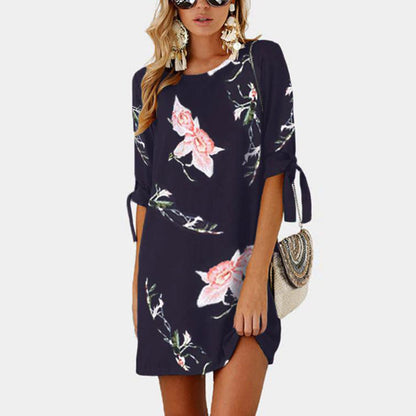 Middle-sleeve Floral-print Lace-up Crew Neck Dress